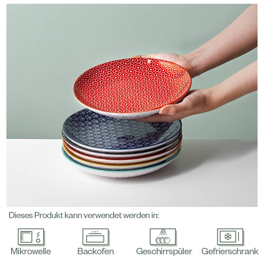 DOWAN 21cm/6er Set Keramikteller, Porzellan-Nudel-Salattellersatz, Bunte Servierschalen für Tischdekoration, Lebhafte Farben