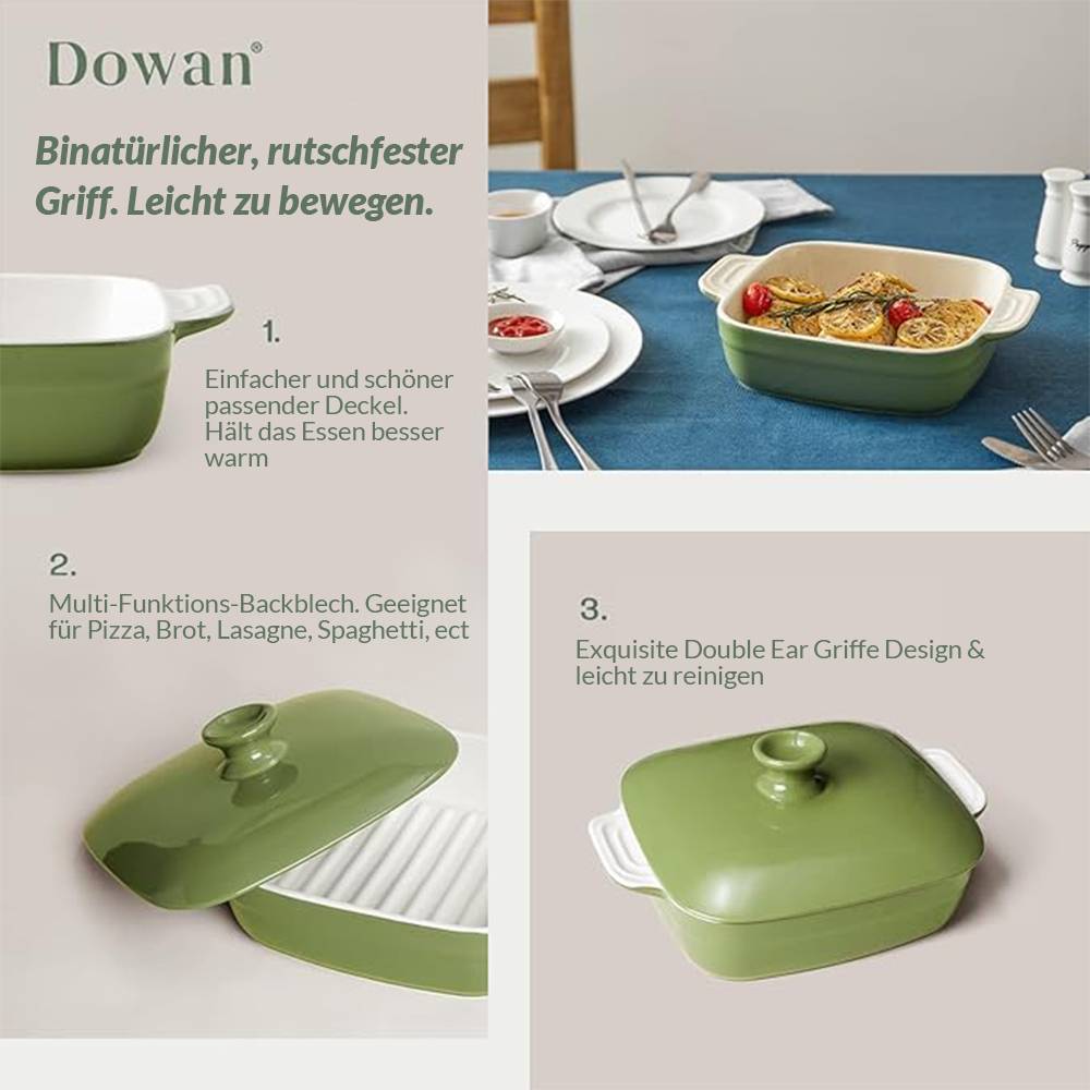 DOWAN 20*20*6cm/1.58L Auflaufform mit Deckel,Keramik-Auflaufform,tiefe Lasagne-Pfanne,Rechteckiges Backgeschirr mit Griff, Grün