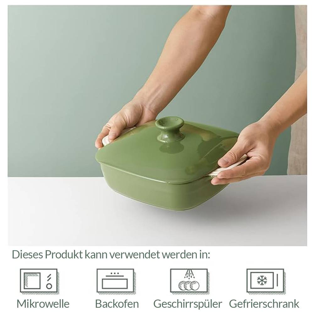 DOWAN 20*20*6cm/1.58L Auflaufform mit Deckel,Keramik-Auflaufform,tiefe Lasagne-Pfanne,Rechteckiges Backgeschirr mit Griff, Grün