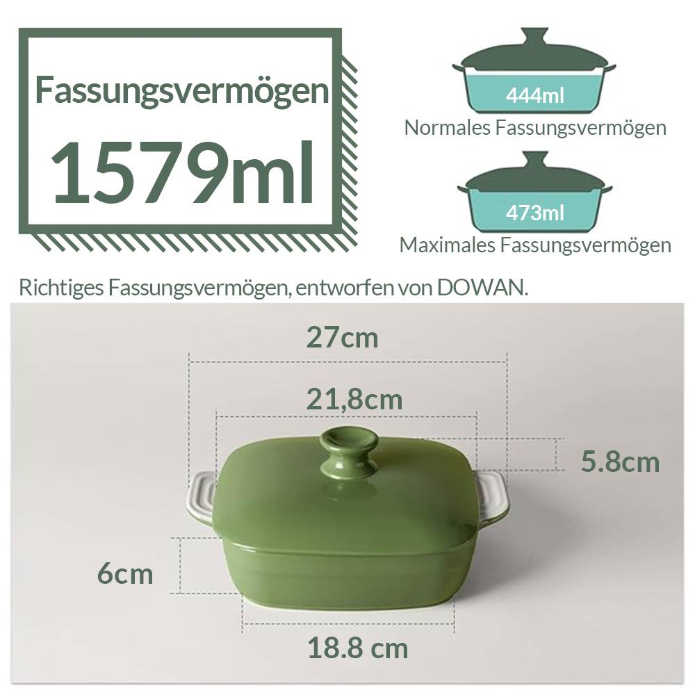 DOWAN 20*20*6cm/1.58L Auflaufform mit Deckel,Keramik-Auflaufform,tiefe Lasagne-Pfanne,Rechteckiges Backgeschirr mit Griff, Grün
