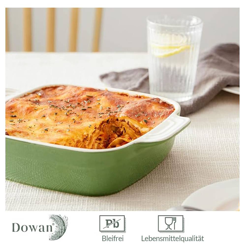 DOWAN 20*20*6cm/1.58L Auflaufform mit Deckel,Keramik-Auflaufform,tiefe Lasagne-Pfanne,Rechteckiges Backgeschirr mit Griff, Grün