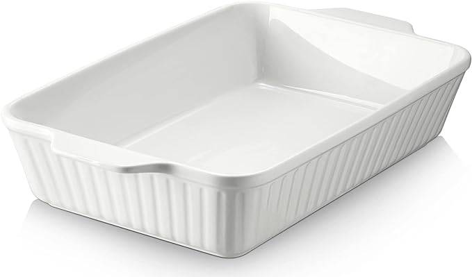 DOWAN 40×24×8 cm/4L Auflaufform,Keramik-Backform,große Lasagne-Pfanne tief für den Ofen, Backform mit Griffen,Einfach zu säubern,Weiß
