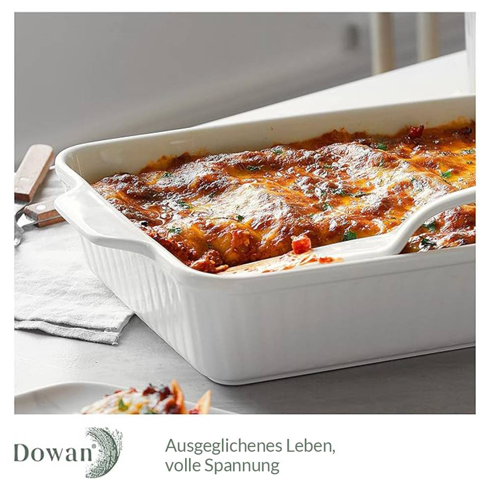 DOWAN 40×24×8 cm/4L Auflaufform,Keramik-Backform,große Lasagne-Pfanne tief für den Ofen, Backform mit Griffen,Einfach zu säubern,Weiß