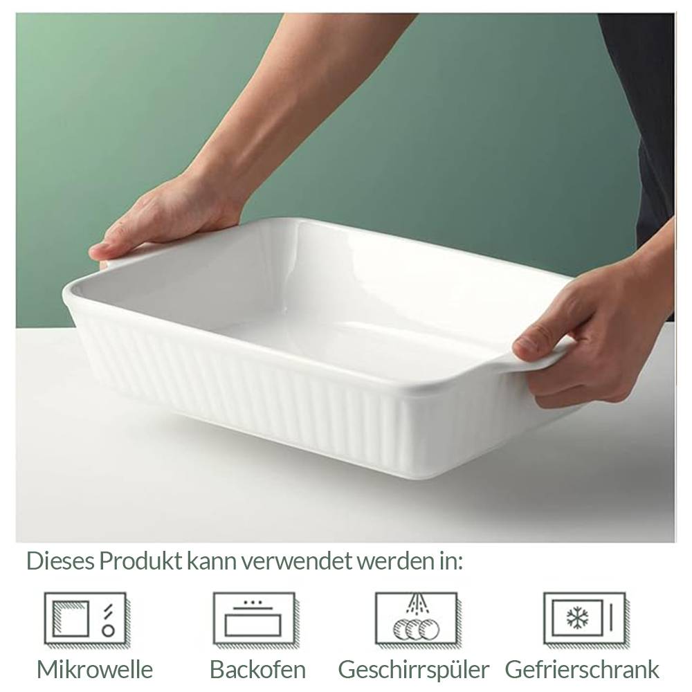DOWAN 40×24×8 cm/4L Auflaufform,Keramik-Backform,große Lasagne-Pfanne tief für den Ofen, Backform mit Griffen,Einfach zu säubern,Weiß