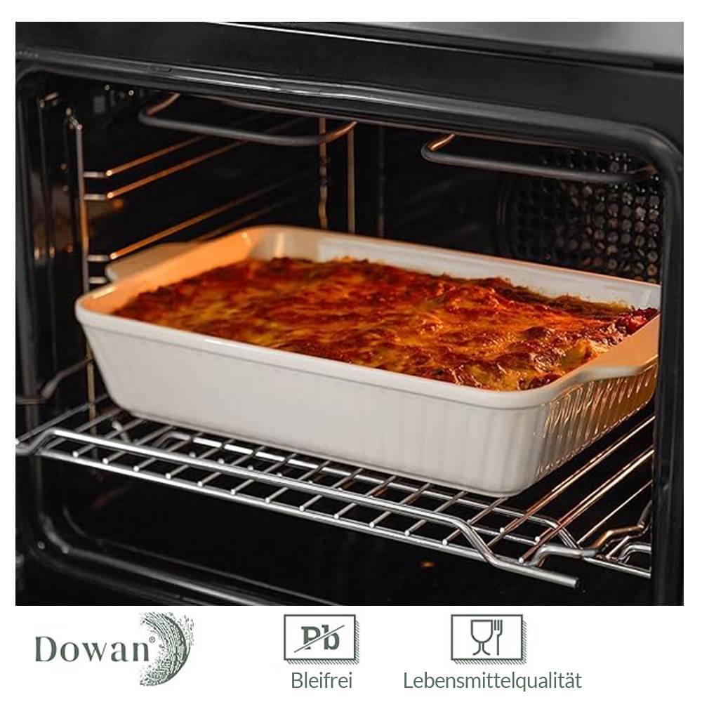 DOWAN 40×24×8 cm/4L Auflaufform,Keramik-Backform,große Lasagne-Pfanne tief für den Ofen, Backform mit Griffen,Einfach zu säubern,Weiß
