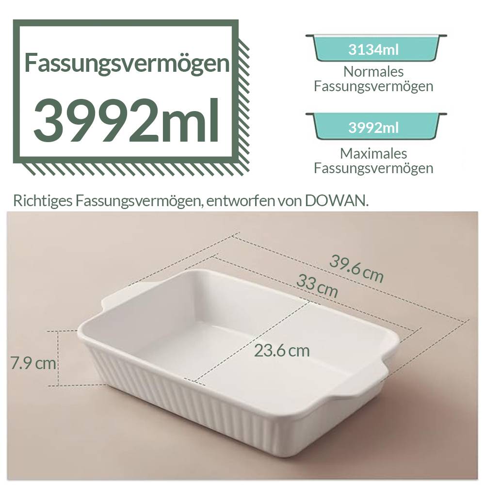 DOWAN 40×24×8 cm/4L Auflaufform,Keramik-Backform,große Lasagne-Pfanne tief für den Ofen, Backform mit Griffen,Einfach zu säubern,Weiß