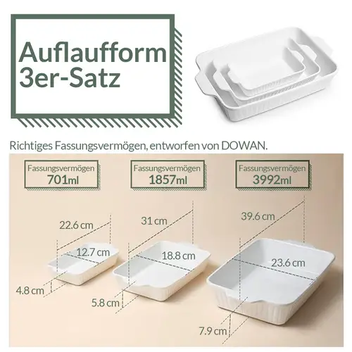 DOWAN 40/31/22cm/3er-Set Keramik-Backplatte für den Ofen, rechteckiges Auflaufformen-Set mit Griff,warm halten,einfach zu säubern,Weiß DOWAN 40/31/22cm/3er-Set Keramik-Backplatte für den Ofen, rechteckiges Auflaufformen-Set mit Griff,warm halten,einfach zu säubern,Weiß