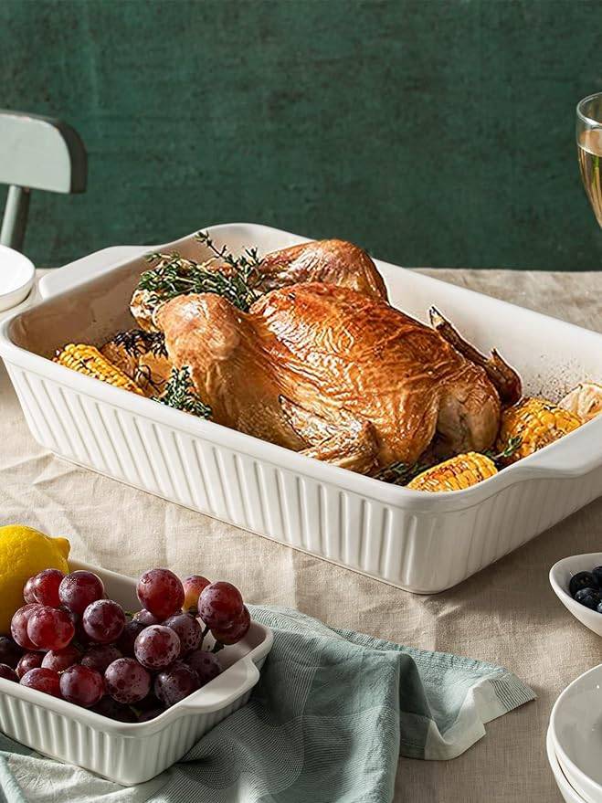 DOWAN 40/31/22cm/3er-Set Keramik-Backplatte für den Ofen, rechteckiges Auflaufformen-Set mit Griff,warm halten,einfach zu säubern,Weiß