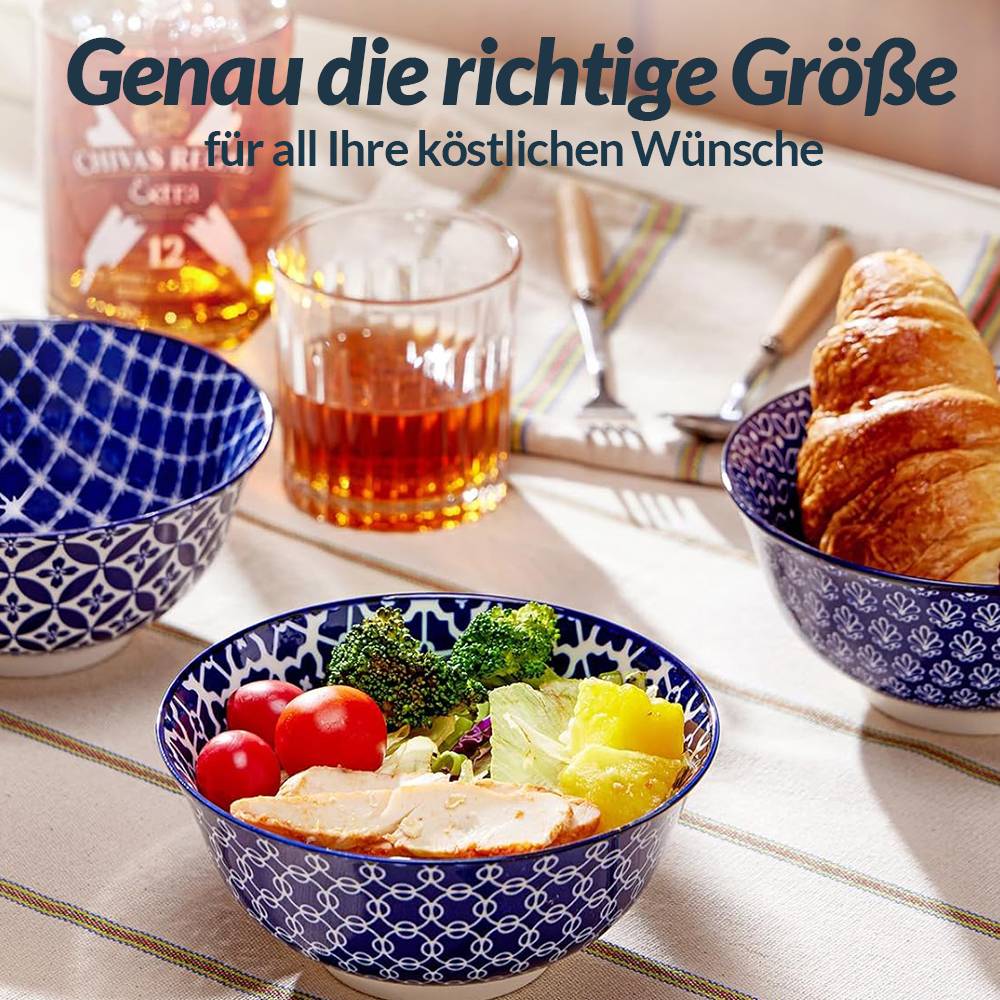 DOWAN 680ml/6er-Set Müslischalen, Keramiksuppenschalen, Kleine Dessertschalen, spülmaschinenfest, Blaues Musterdesign
