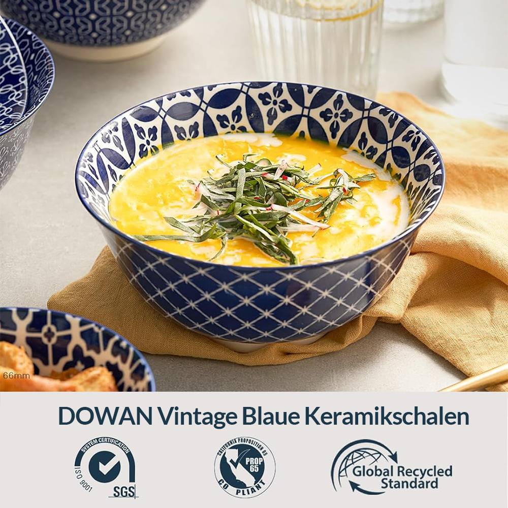 DOWAN 680ml/6er-Set Müslischalen, Keramiksuppenschalen, Kleine Dessertschalen, spülmaschinenfest, Blaues Musterdesign