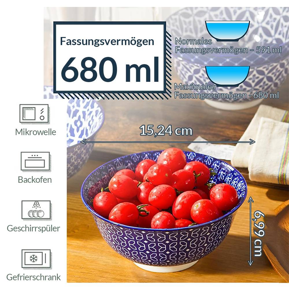 DOWAN 680ml/6er-Set Müslischalen, Keramiksuppenschalen, Kleine Dessertschalen, spülmaschinenfest, Blaues Musterdesign