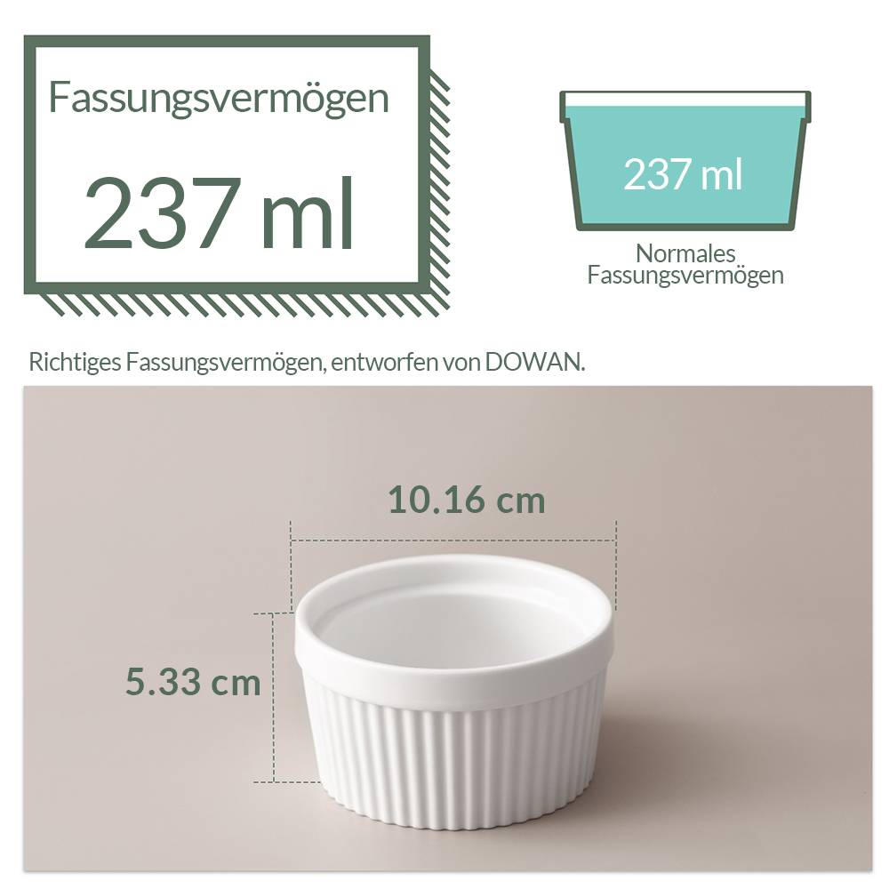 DOWAN 237ml/6er Porzellan Ramekins Set - Ramekins für Creme Brulee, Kuchen, Nachtisch, Obst, ideales Geschenk, Weiß