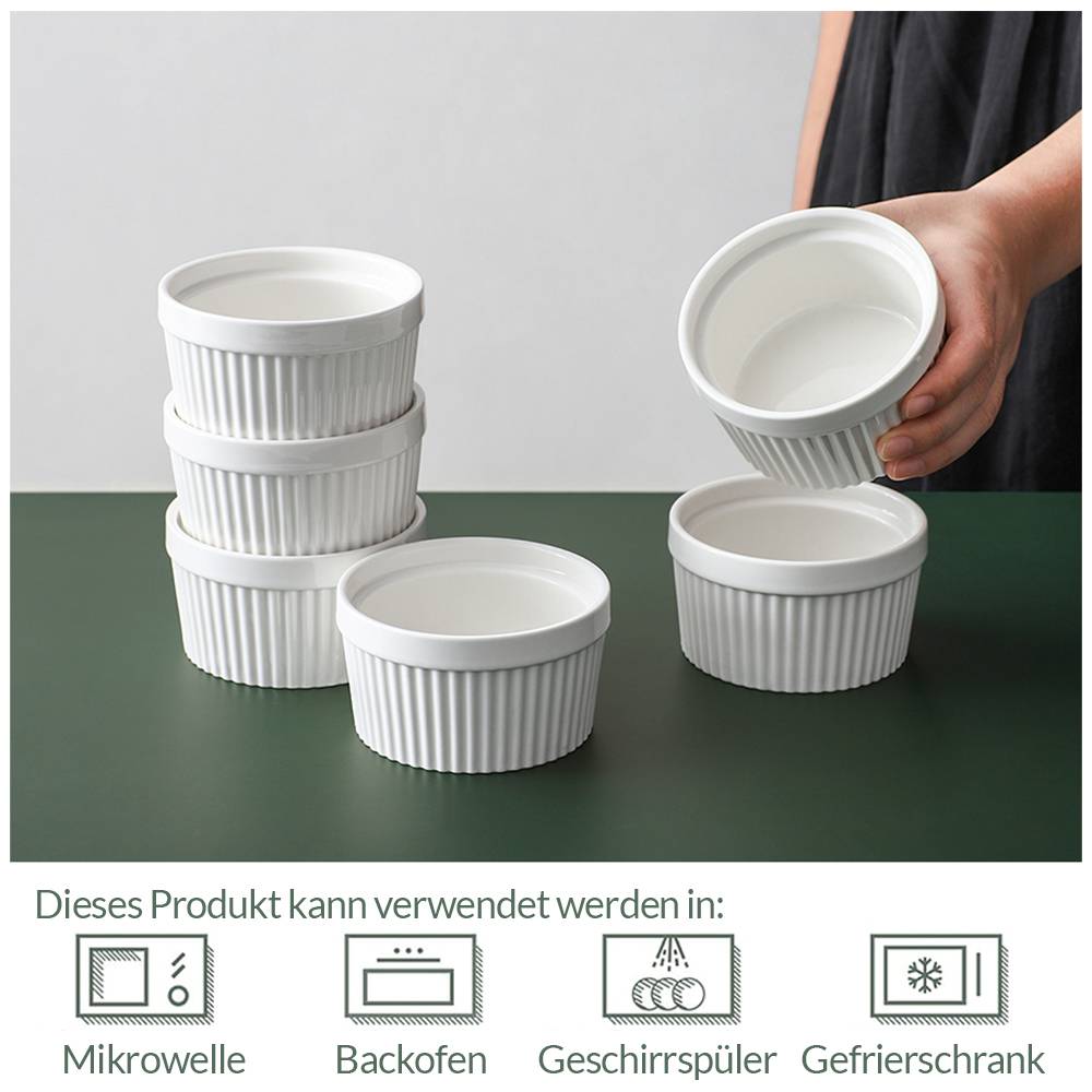 DOWAN 237ml/6er Porzellan Ramekins Set - Ramekins für Creme Brulee, Kuchen, Nachtisch, Obst, ideales Geschenk, Weiß