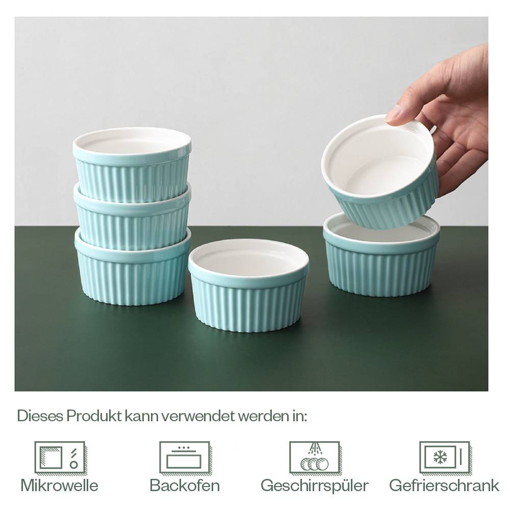 DOWAN 118ml/6er Porzellan Ramekins Set - Ramekins für Creme Brulee, Kuchen, Nachtisch, Obst, Tischdekoration, Blau