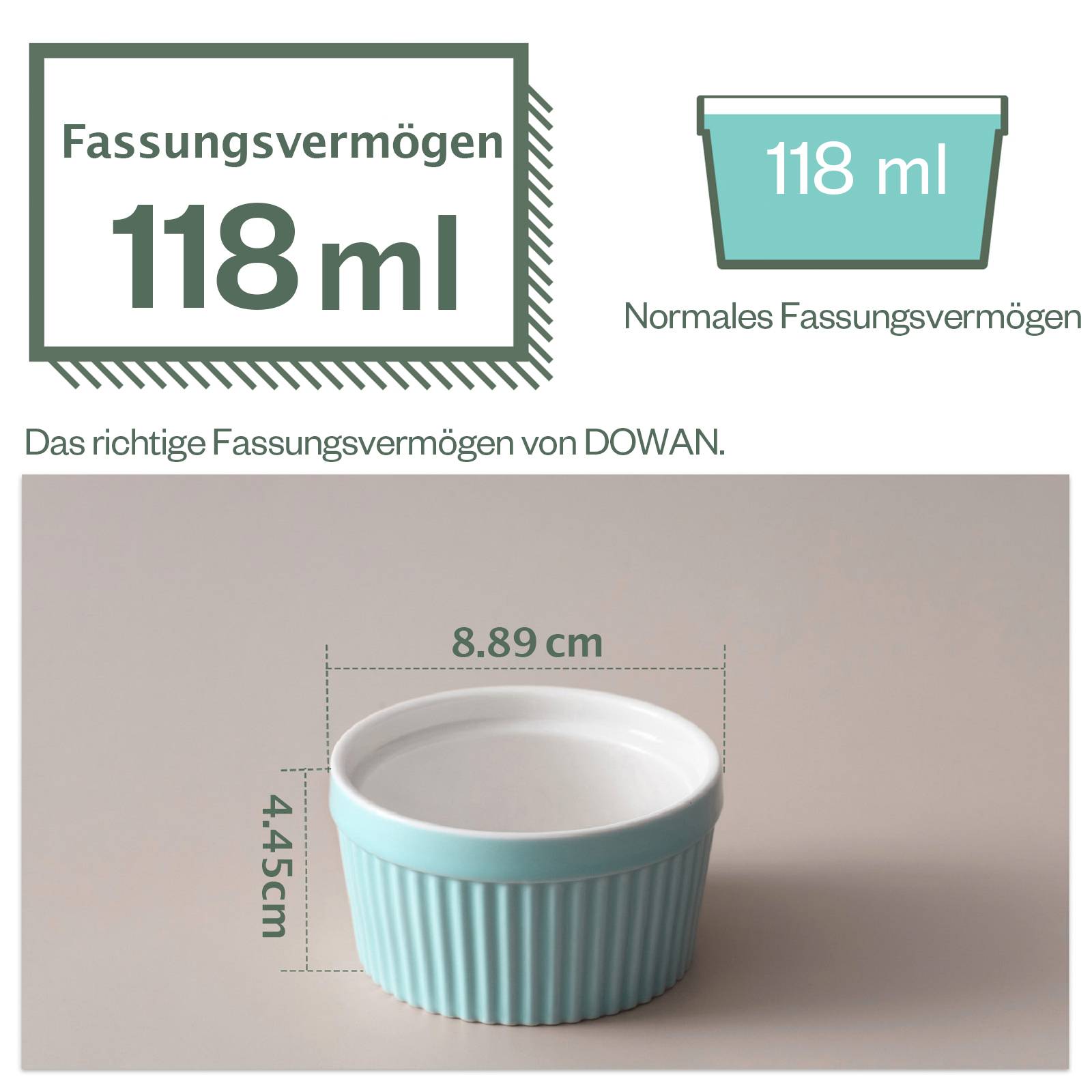 DOWAN 118ml/6er Porzellan Ramekins Set - Ramekins für Creme Brulee, Kuchen, Nachtisch, Obst, Tischdekoration, Blau