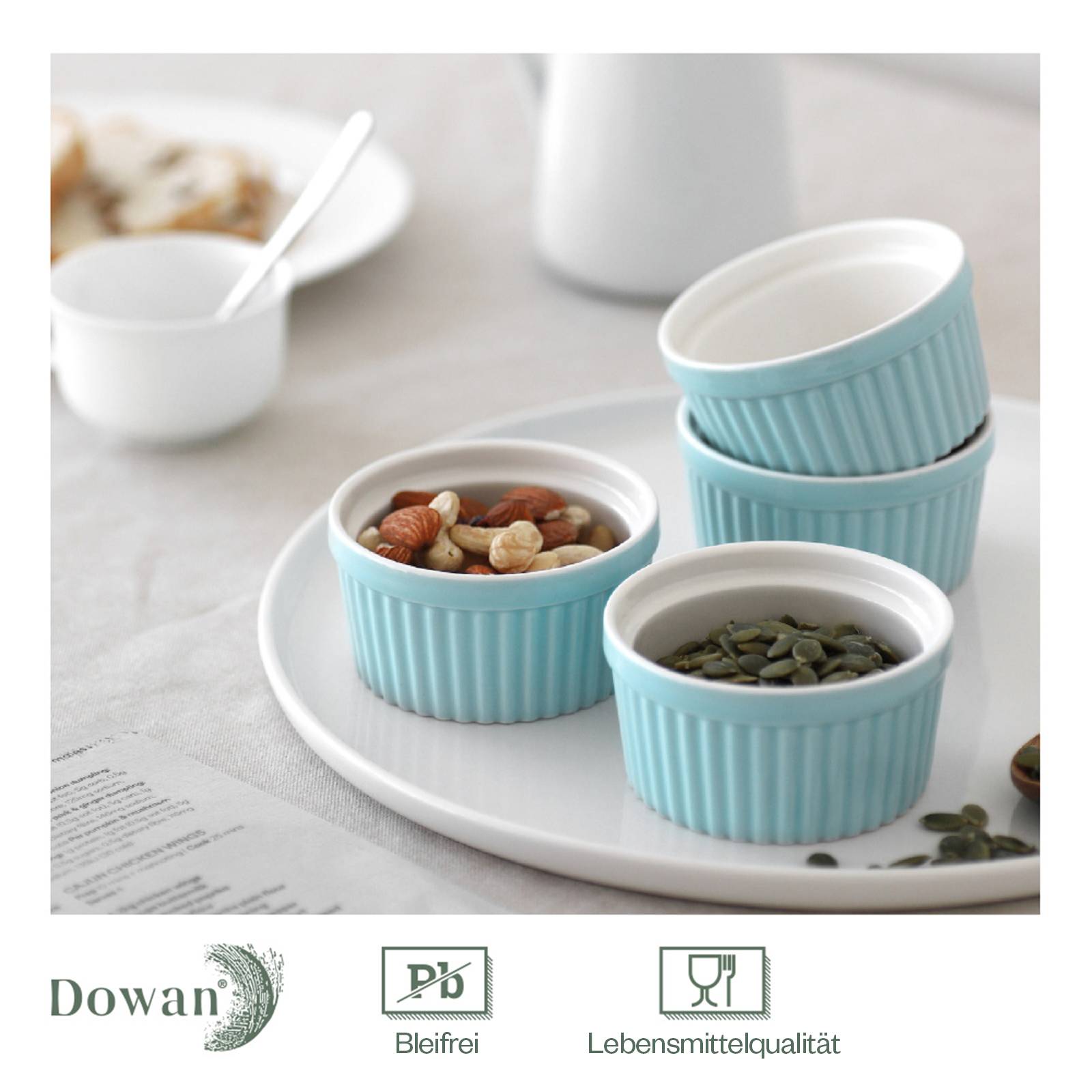 DOWAN 118ml/6er Porzellan Ramekins Set - Ramekins für Creme Brulee, Kuchen, Nachtisch, Obst, Tischdekoration, Blau