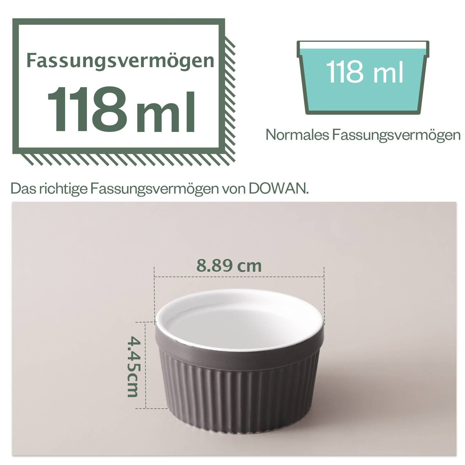 DOWAN 118ml/6er Porzellan Ramekins Set - Ramekins für Creme Brulee, Kuchen, Nachtisch, Obst, Tischdekoration, Mehrfarbig
