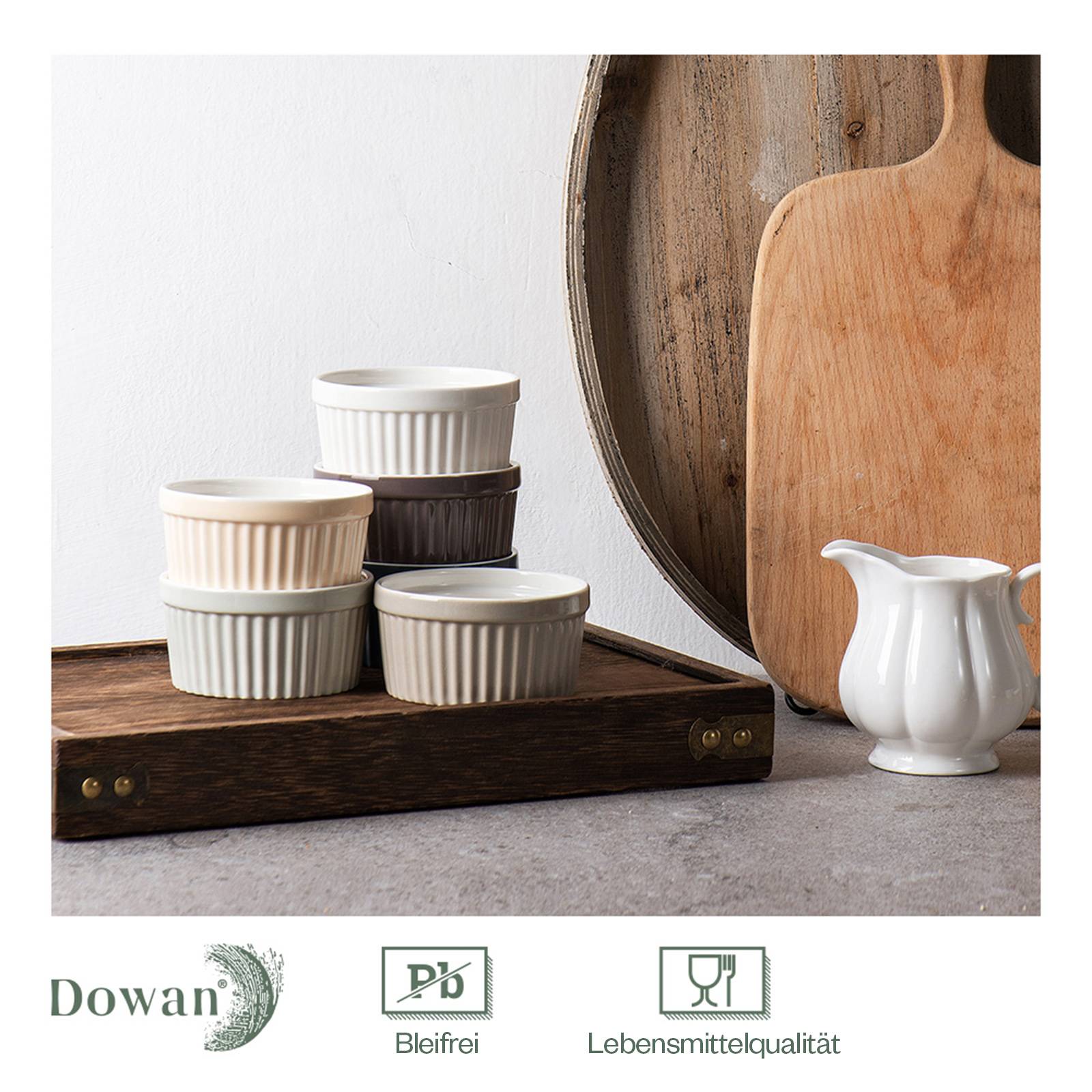 DOWAN 118ml/6er Porzellan Ramekins Set - Ramekins für Creme Brulee, Kuchen, Nachtisch, Obst, Tischdekoration, Mehrfarbig