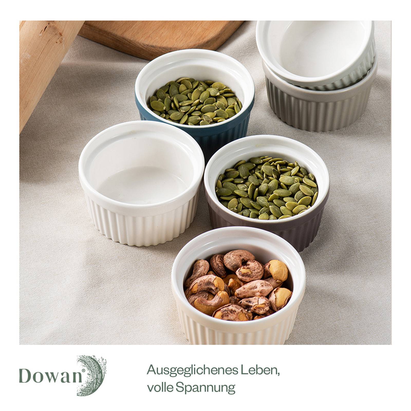 DOWAN 118ml/6er Porzellan Ramekins Set - Ramekins für Creme Brulee, Kuchen, Nachtisch, Obst, Tischdekoration, Mehrfarbig