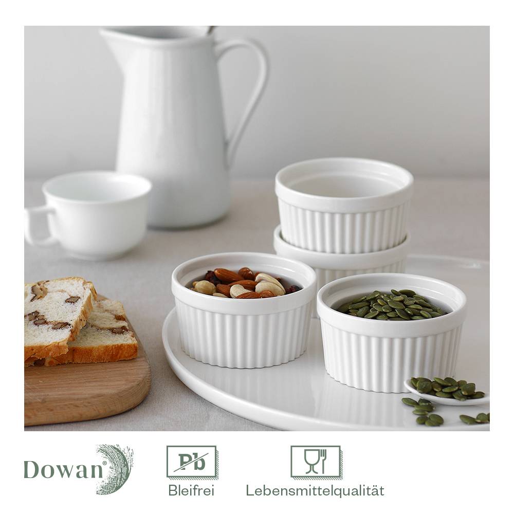 DOWAN 118ml/6er Porzellan Ramekins Set - Ramekins für Creme Brulee, Kuchen, Nachtisch, Obst, Tischdekoration, Weiß