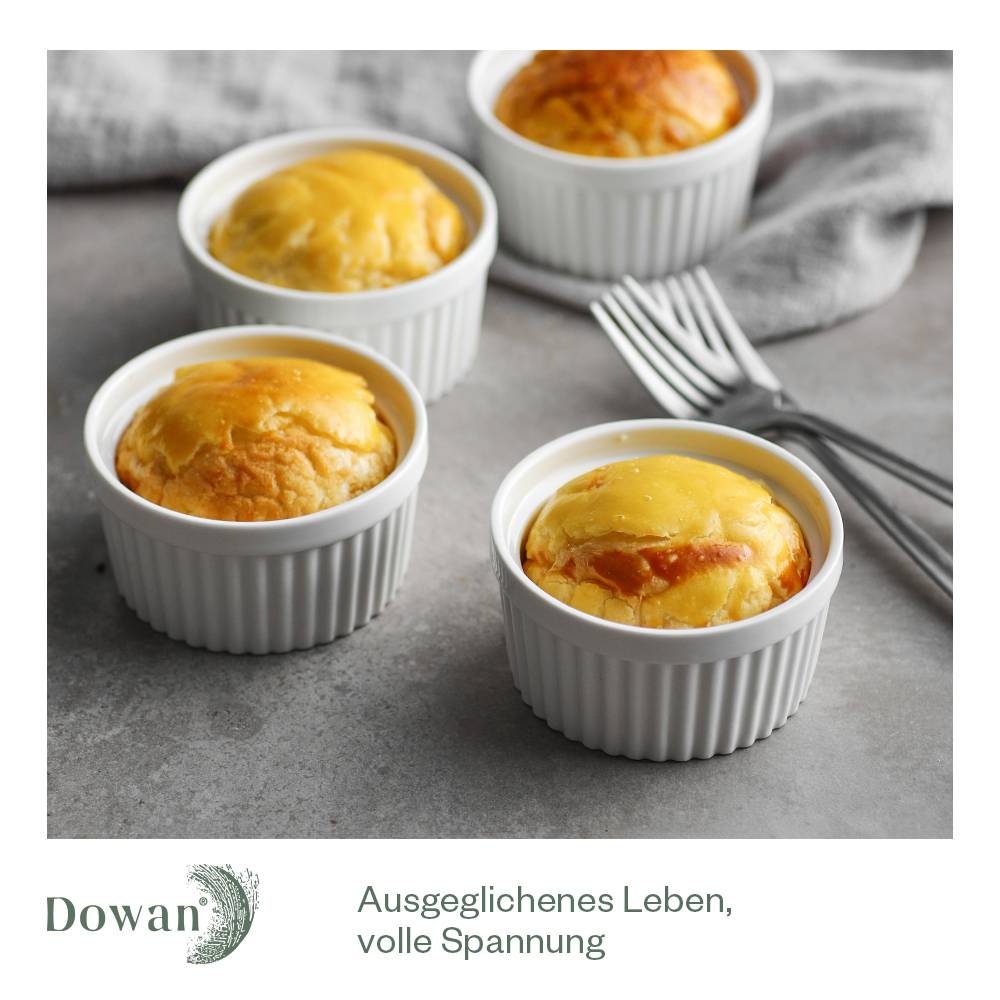 DOWAN 118ml/6er Porzellan Ramekins Set - Ramekins für Creme Brulee, Kuchen, Nachtisch, Obst, Tischdekoration, Weiß