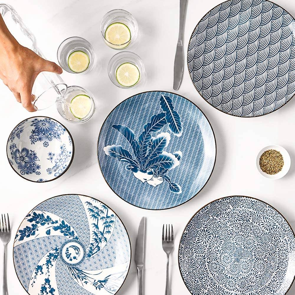 YYHY 25cm/4er-Set Keramik-Speiseteller, Porzellan-Speiseteller-Set mit 4 Stück,Tischdekorati,blaues und weißes Porzellan, 4 Muster