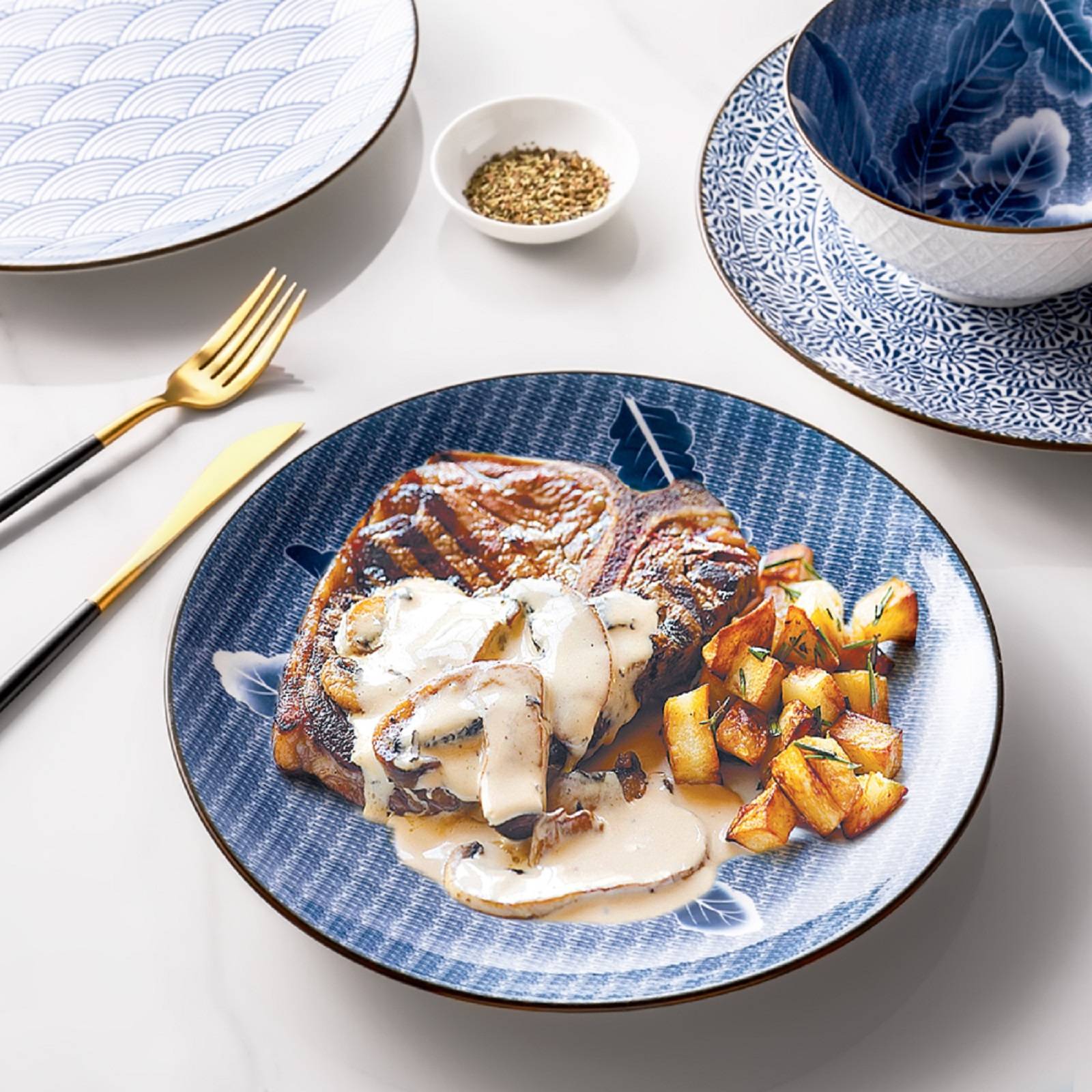 YYHY 25cm/4er-Set Keramik-Speiseteller, Porzellan-Speiseteller-Set mit 4 Stück,Tischdekorati,blaues und weißes Porzellan, 4 Muster