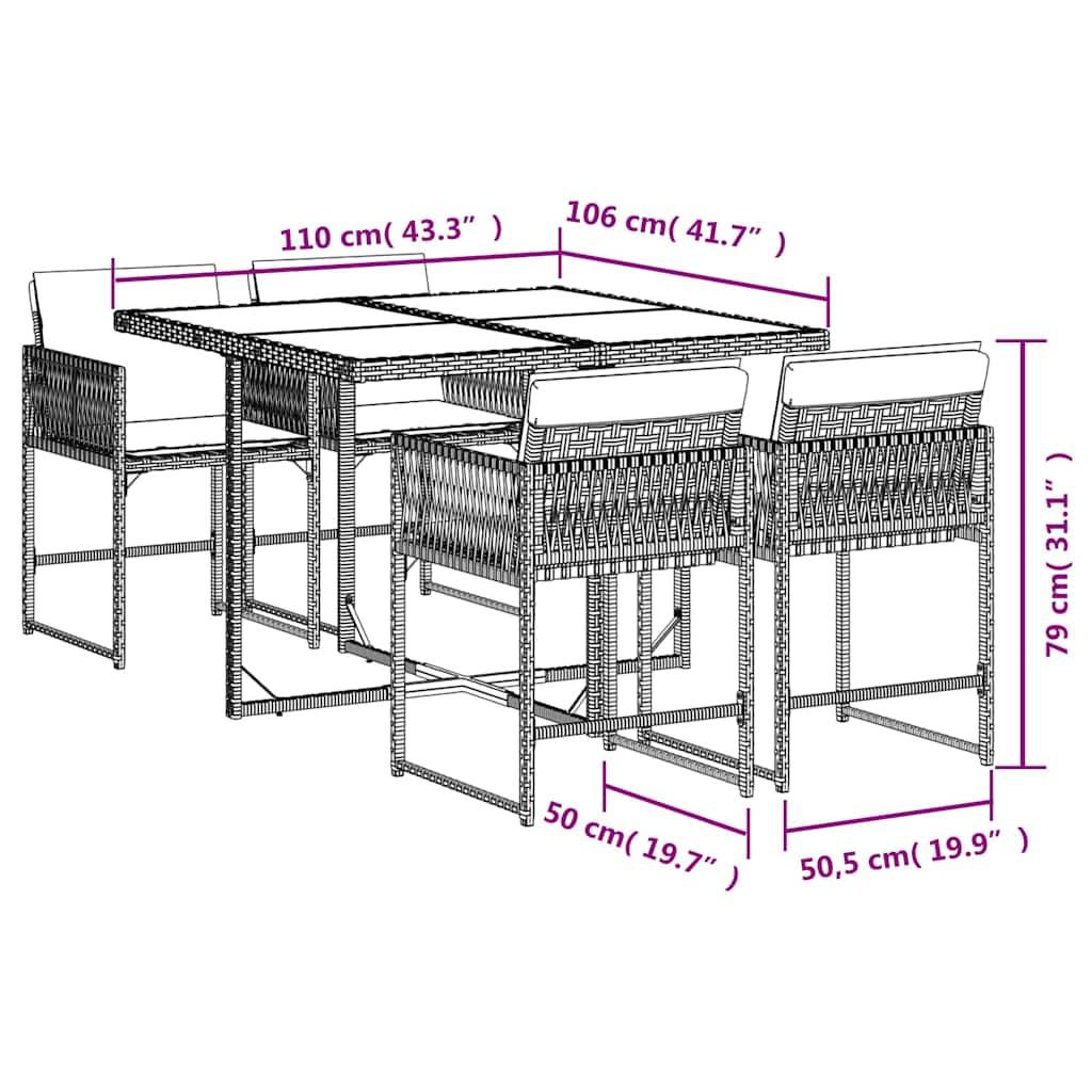 vidaXL 5-tlg. Garten-Essgruppe mit Kissen Grau Poly Rattan