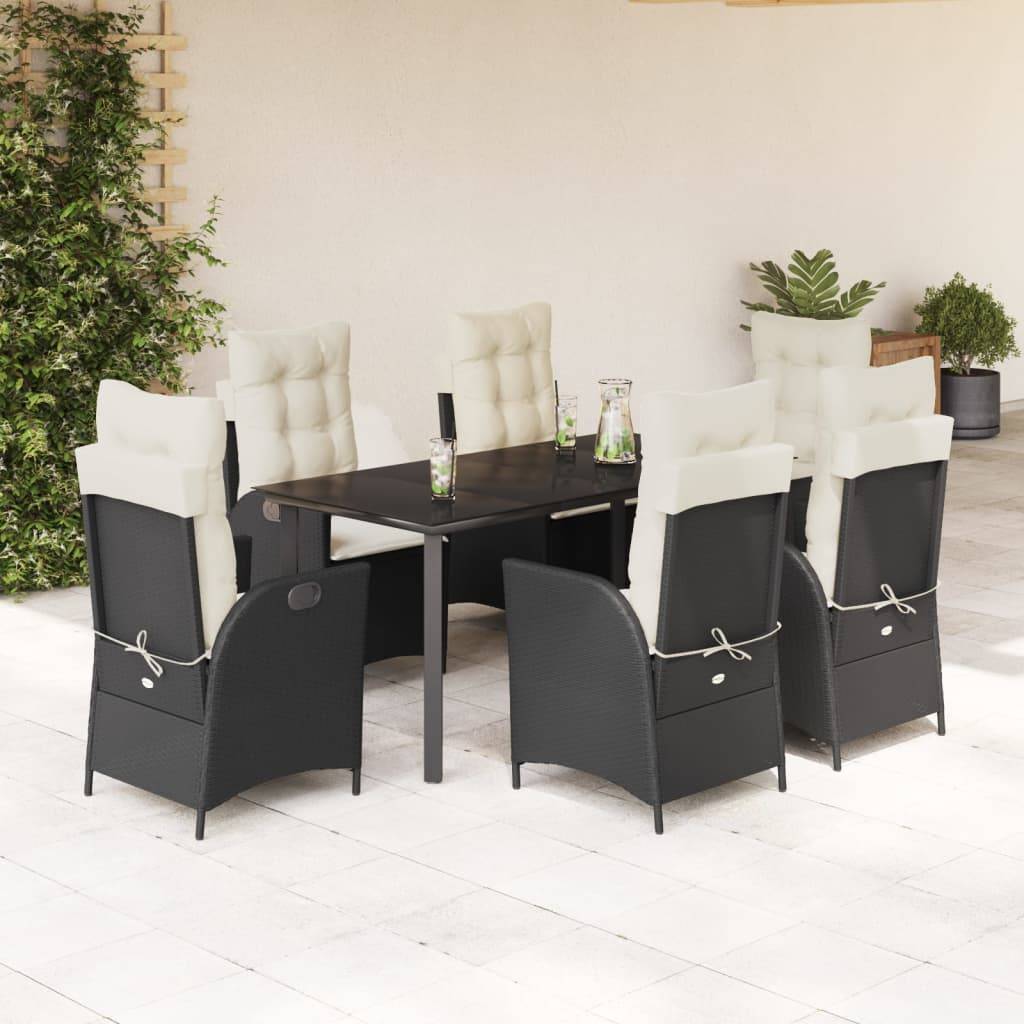 vidaXL 7-tlg. Garten-Essgruppe mit Kissen Schwarz Poly Rattan