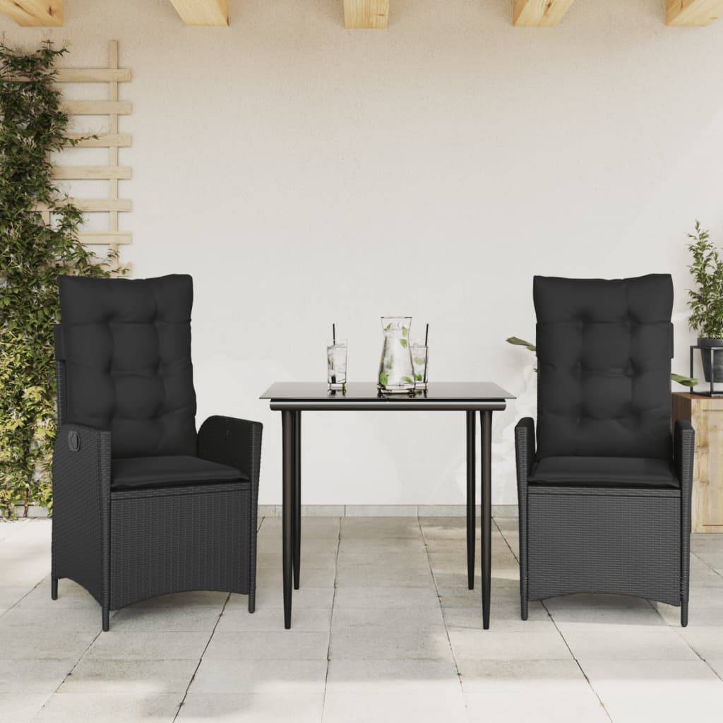 vidaXL 3-tlg. Garten-Essgruppe mit Kissen Schwarz Poly Rattan