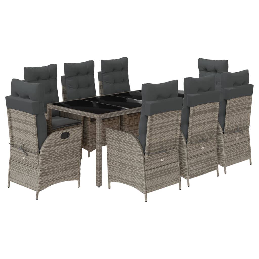 vidaXL 9-tlg. Garten-Essgruppe mit Kissen Grau Poly Rattan