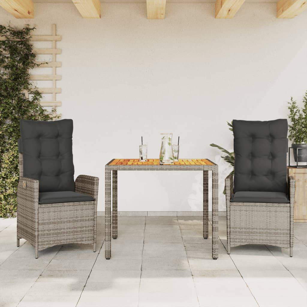 vidaXL 3-tlg. Garten-Essgruppe mit Kissen Grau Poly Rattan