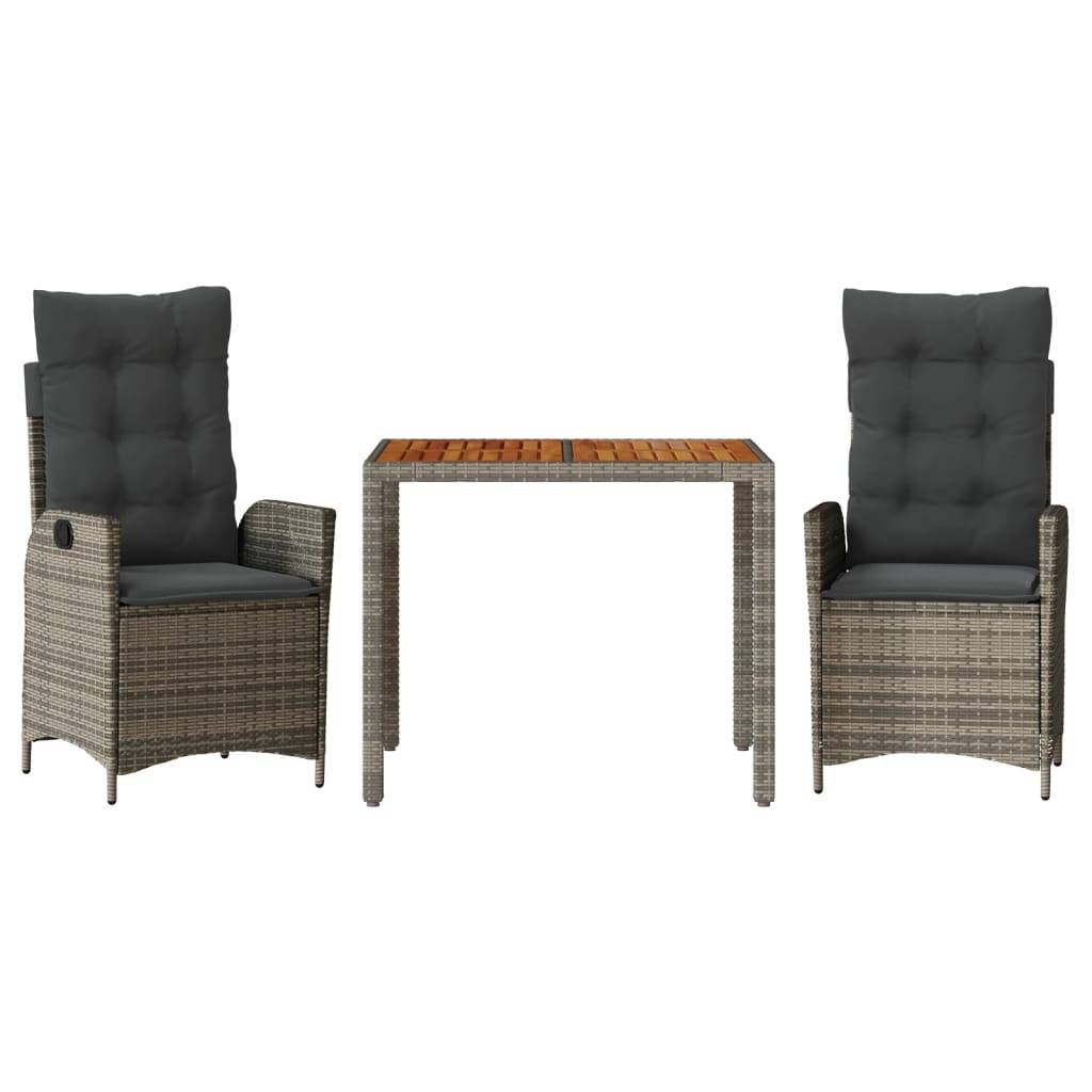 vidaXL 3-tlg. Garten-Essgruppe mit Kissen Grau Poly Rattan