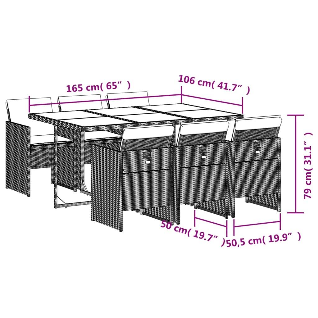 vidaXL 7-tlg. Garten-Essgruppe mit Kissen Grau Poly Rattan
