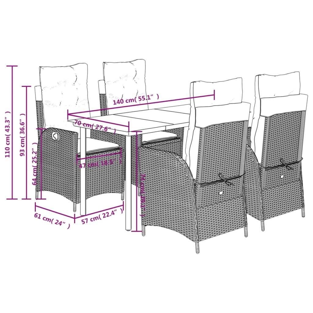 vidaXL 5-tlg. Garten-Essgruppe mit Kissen Hellgrau Poly Rattan