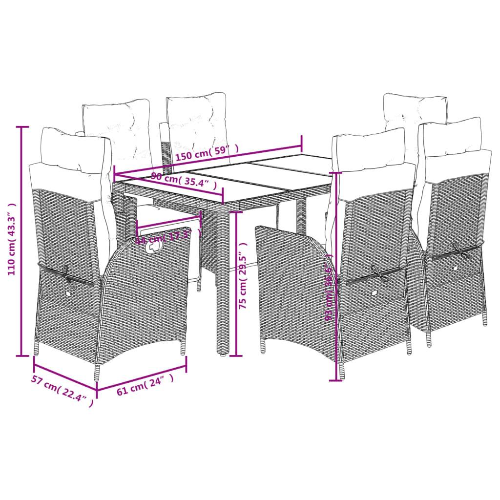 vidaXL 7-tlg. Garten-Essgruppe mit Kissen Schwarz Poly Rattan