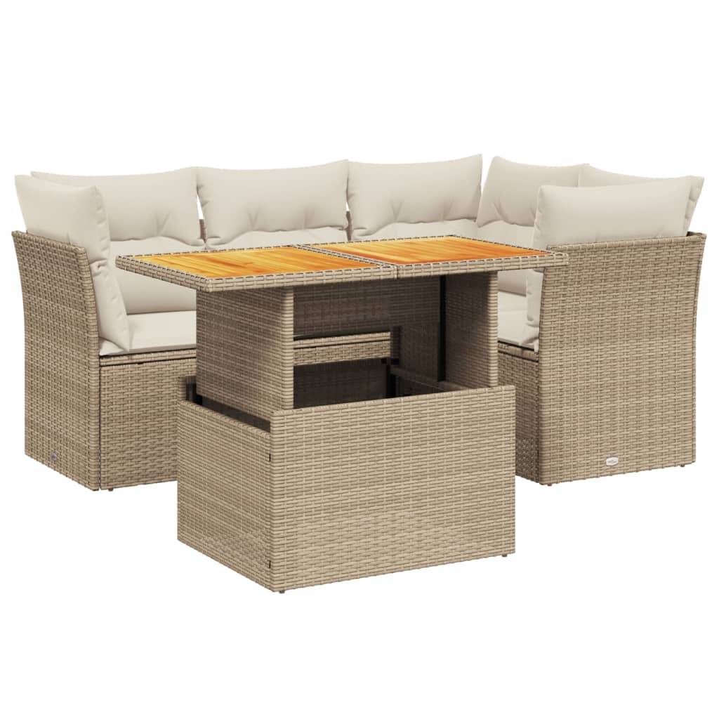 vidaXL 5-tlg. Garten-Sofagarnitur mit Kissen Beige Poly Rattan