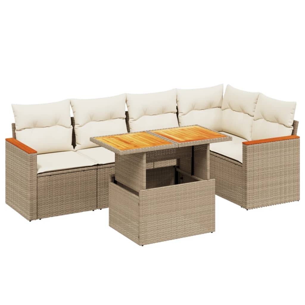 vidaXL 6-tlg. Garten-Sofagarnitur mit Kissen Beige Poly Rattan