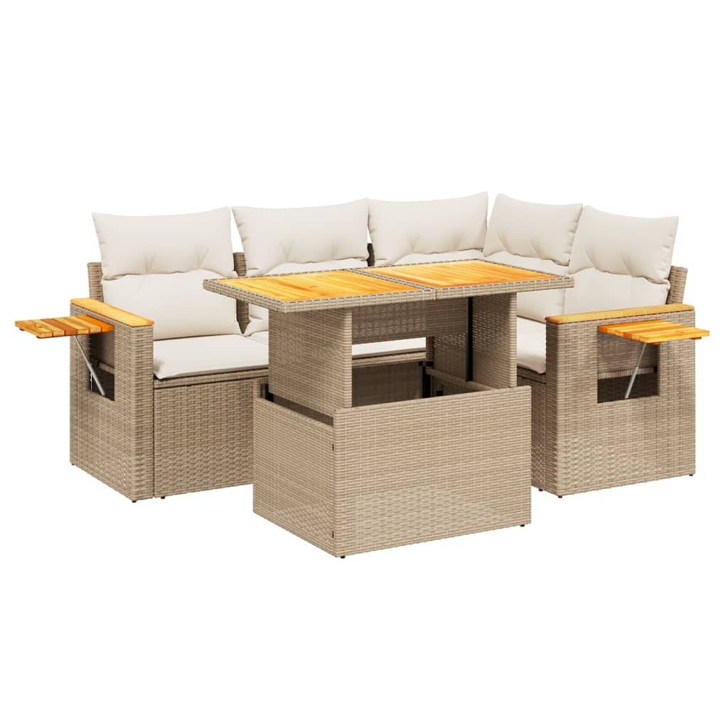 vidaXL 5-tlg. Garten-Sofagarnitur mit Kissen Beige Poly Rattan