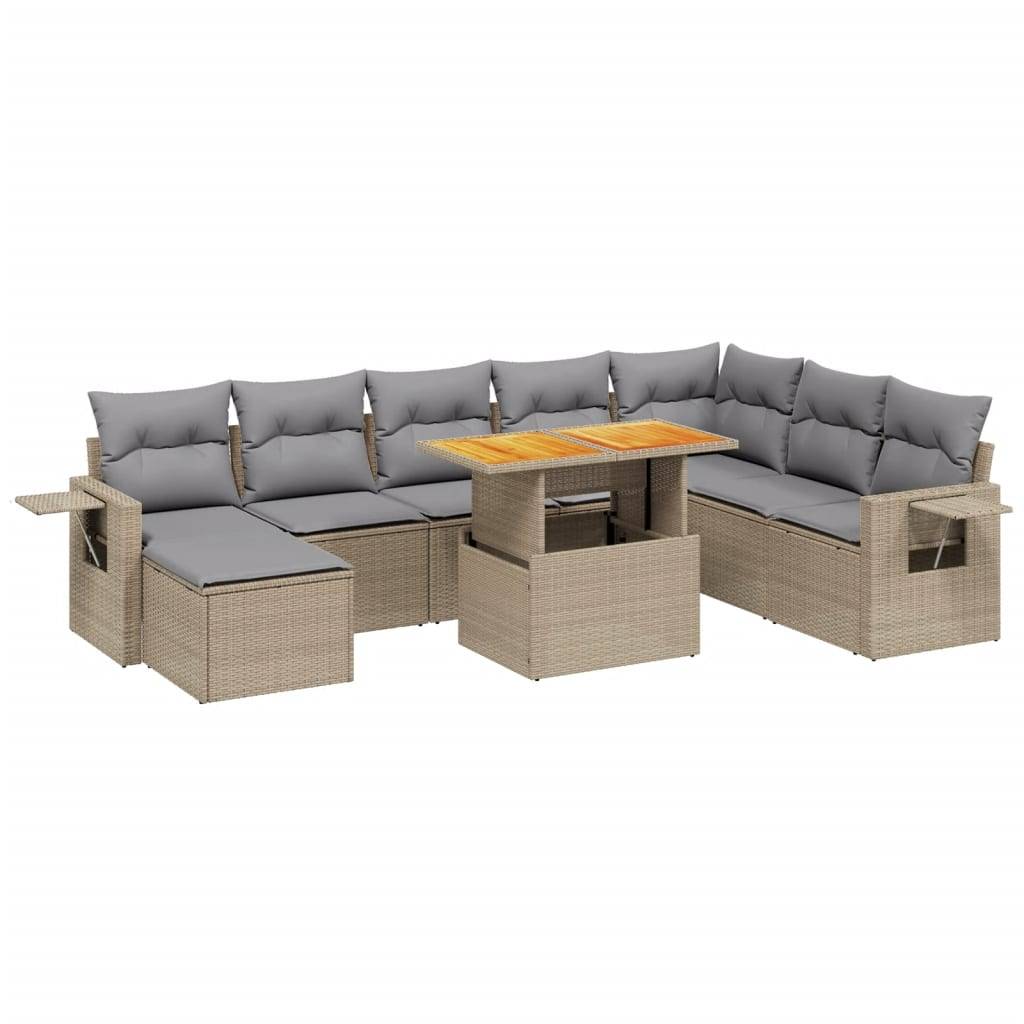 vidaXL 9-tlg. Garten-Sofagarnitur mit Kissen Beige Poly Rattan