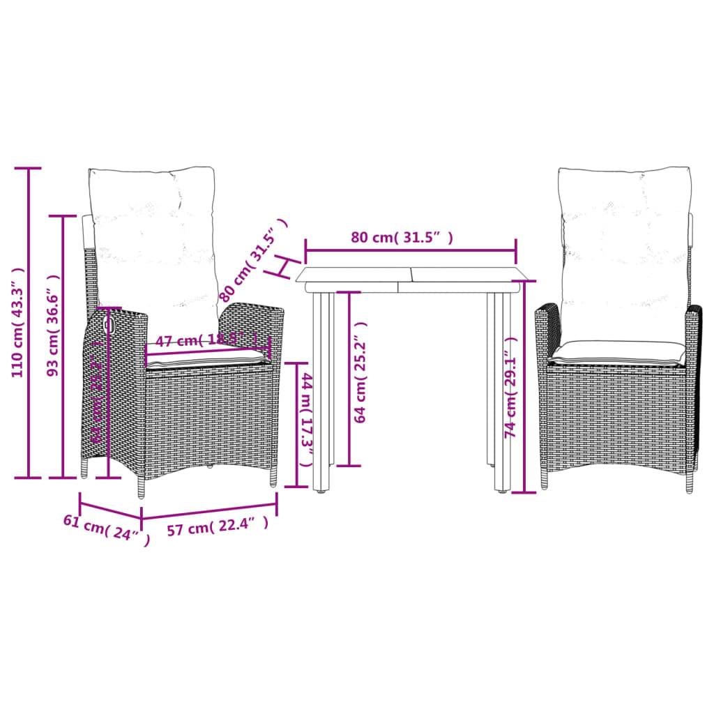 vidaXL 3-tlg. Garten-Essgruppe mit Kissen Beige Poly Rattan