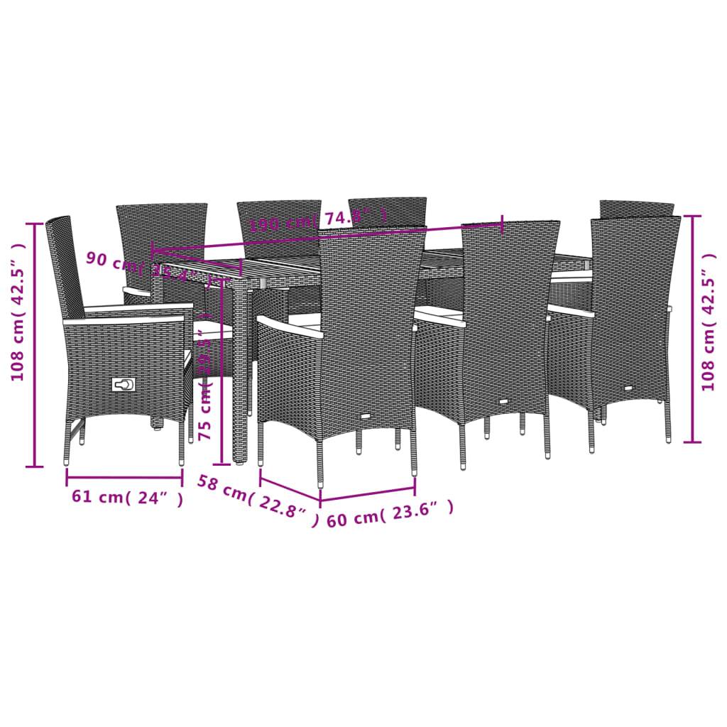 vidaXL 9-tlg. Garten-Essgruppe mit Kissen Schwarz Poly Rattan