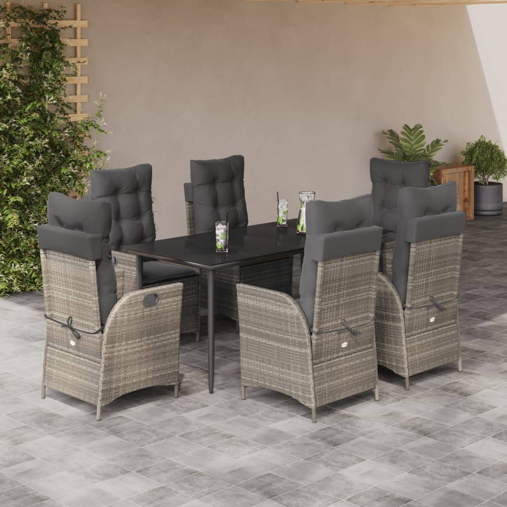 vidaXL 7-tlg. Garten-Essgruppe mit Kissen Hellgrau Poly Rattan
