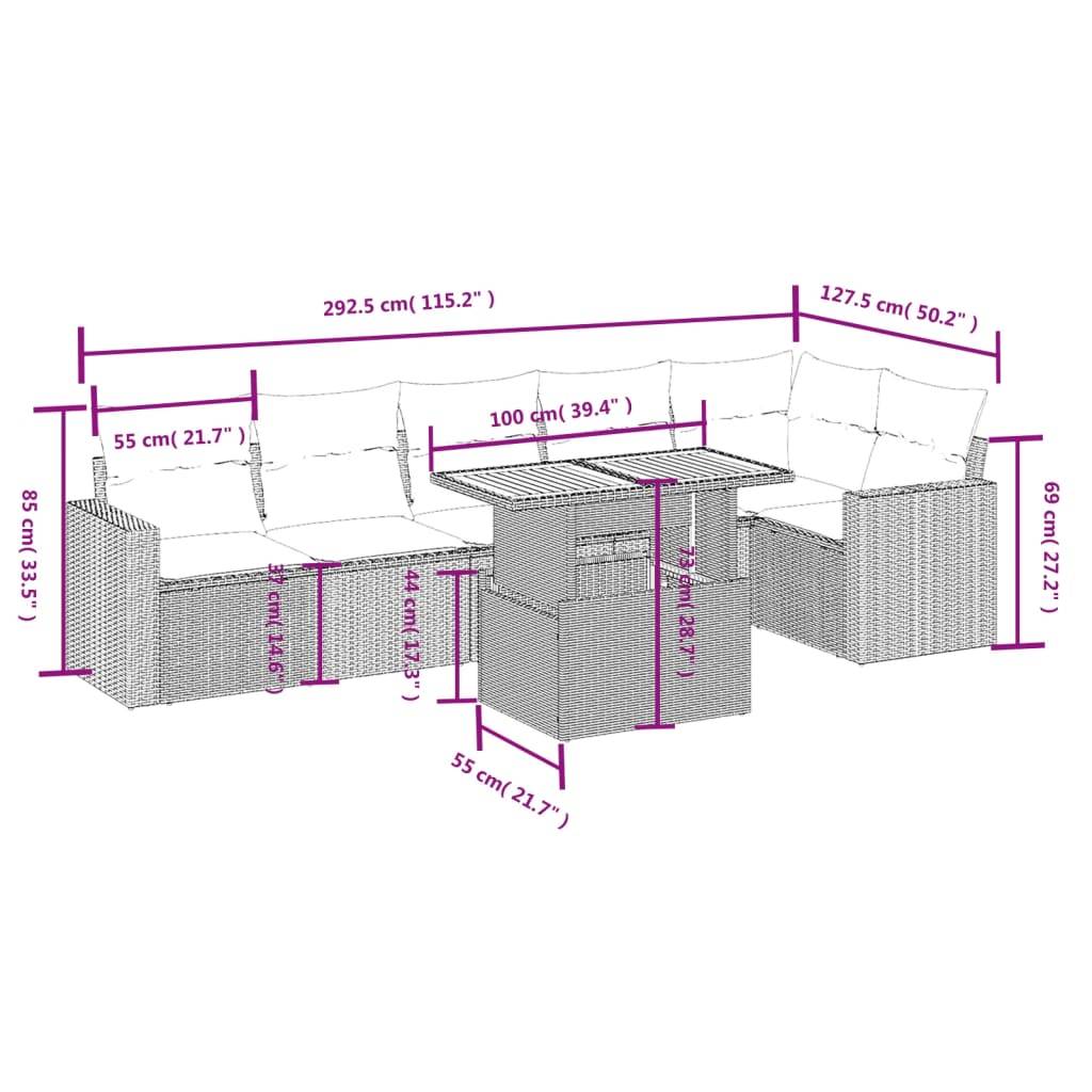 vidaXL 7-tlg. Garten-Sofagarnitur mit Kissen Grau Poly Rattan