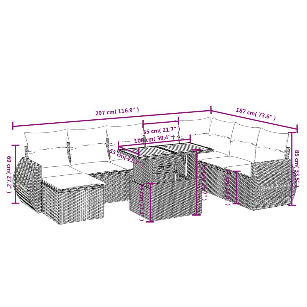 vidaXL 9-tlg. Garten-Sofagarnitur mit Kissen Beige Poly Rattan