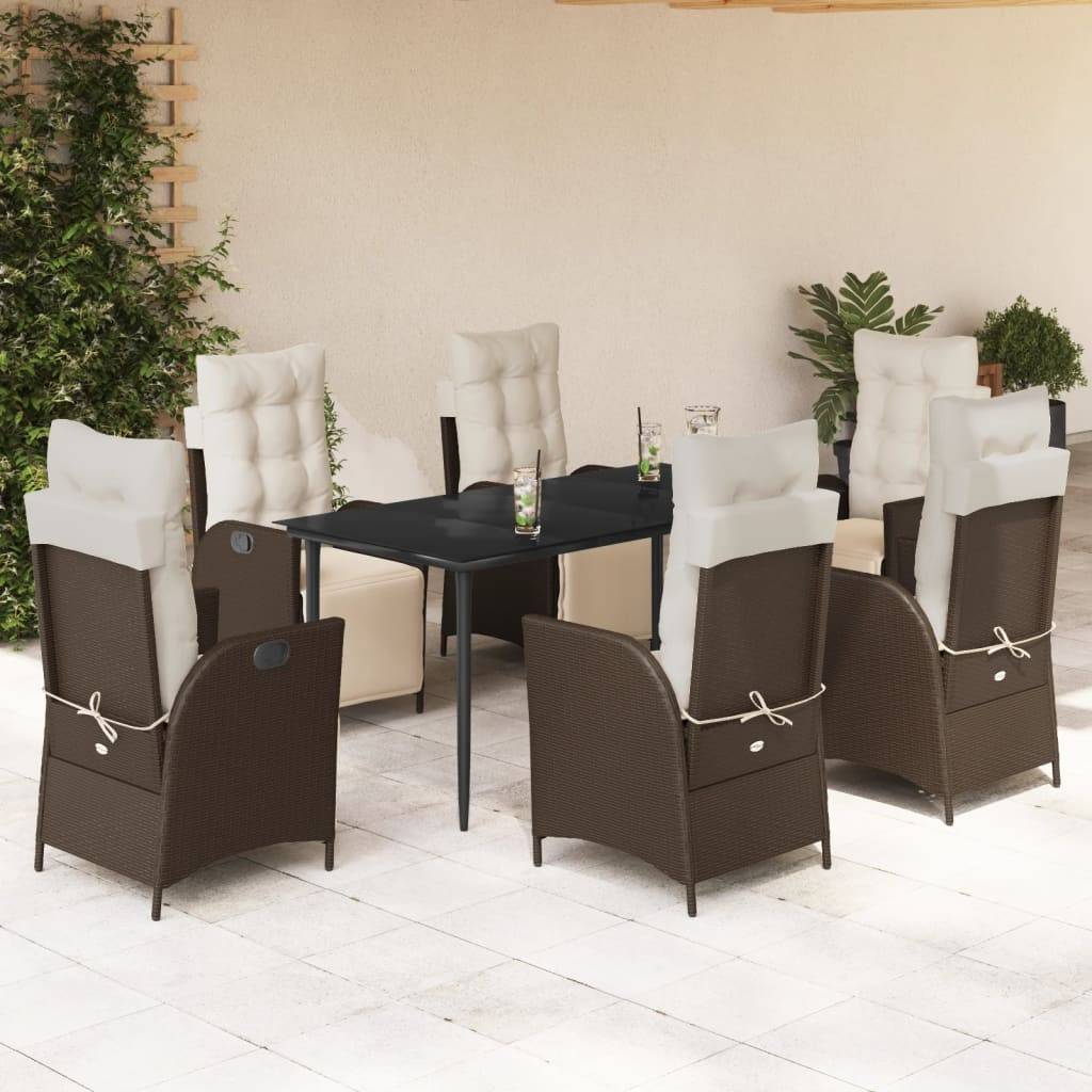vidaXL 7-tlg. Garten-Essgruppe mit Kissen Braun Poly Rattan