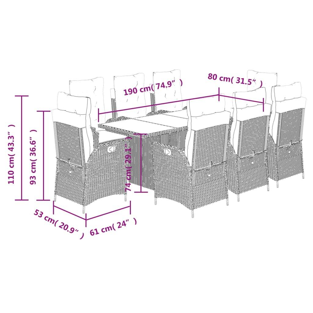 vidaXL 9-tlg. Garten-Essgruppe mit Kissen Beige Poly Rattan