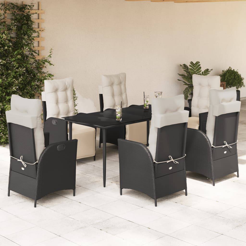 vidaXL 7-tlg. Garten-Essgruppe mit Kissen Schwarz Poly Rattan