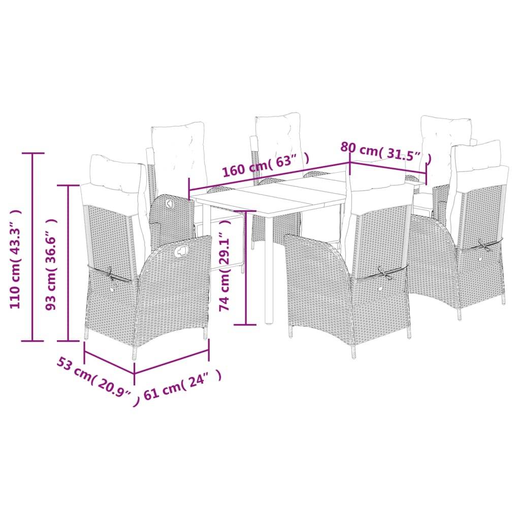 vidaXL 7-tlg. Garten-Essgruppe mit Kissen Beigemischung Poly Rattan