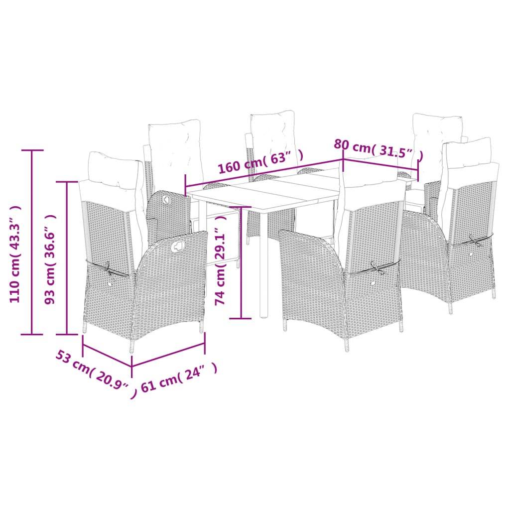 vidaXL 7-tlg. Garten-Essgruppe mit Kissen Schwarz Poly Rattan